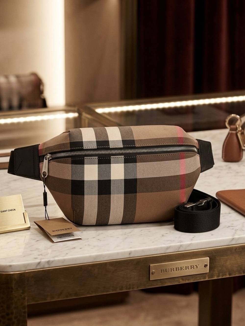 Unisex Burberry Tan Vintage Check Belt Bag with Black Strap